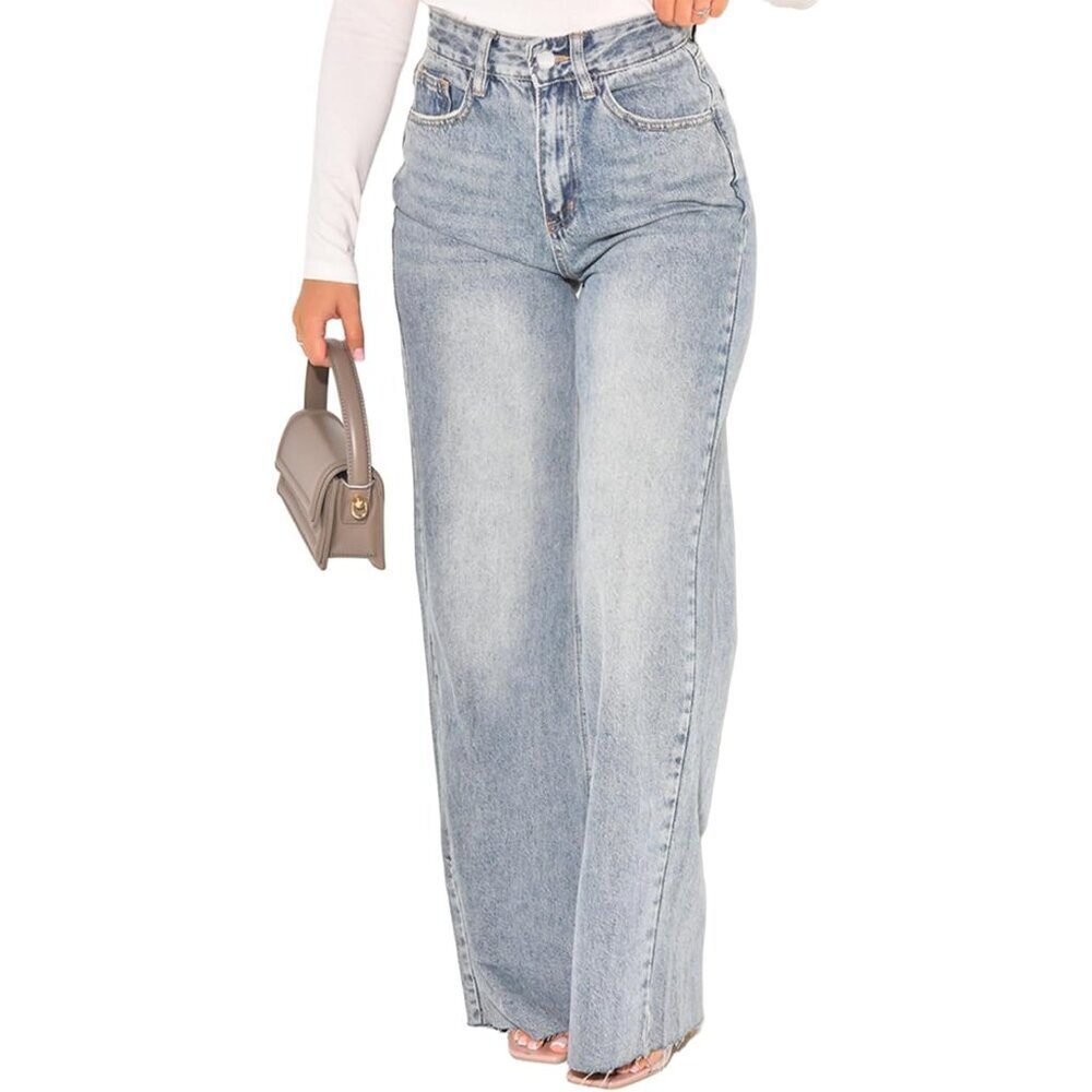 Women's High Waist Baggy Denim Jeans Stretchy Wide Leg Casual Trousers
